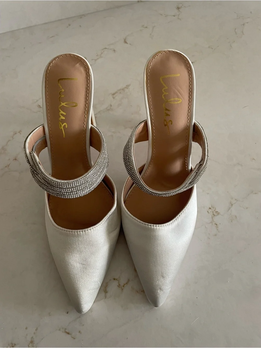 Lulus Celines White Satin Rhinestone Pointed-toe Mule Pumps - Size 8
